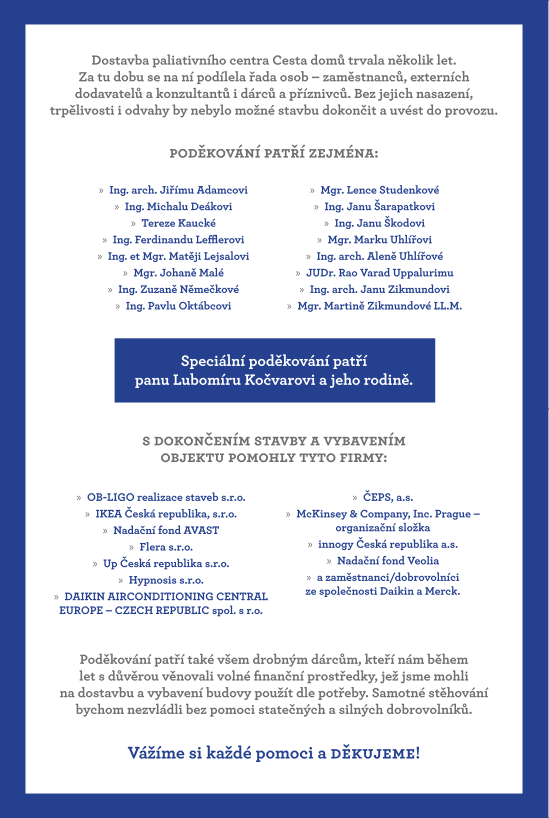 Poděkování za paliativní centrum Cesta domů